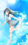  1girl :d asashio_(kantai_collection) bangs barefoot black_hair blue_sky blush clouds cloudy_sky comah commentary_request day dress_shirt eyebrows_visible_through_hair green_eyes grey_skirt highres kantai_collection long_hair looking_at_viewer looking_to_the_side open_mouth outdoors pleated_skirt shirt short_sleeves skirt sky smile solo standing standing_on_one_leg suspender_skirt suspenders upper_teeth water water_drop white_shirt 
