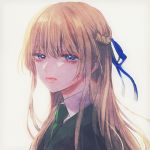  1girl bangs blonde_hair blue_eyes blue_ribbon braid closed_mouth french_braid green_neckwear hair_ribbon harry_potter highres hogwarts_school_uniform kurosujuu lips long_hair looking_at_viewer narcissa_malfoy necktie portrait ribbon school_uniform simple_background slytherin solo 