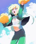  1boy 88o88o8 arm_up cheering cheerleader green_hair headband jacket lio_fotia male_focus midriff navel open_mouth pom_poms promare short_hair solo track_suit violet_eyes 