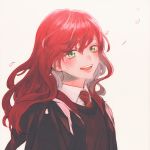  1girl bangs blush breasts collared_shirt green_eyes gryffindor happy harry_potter hogwarts_school_uniform jacket kurosujuu lily_evans long_hair looking_at_viewer necktie open_mouth petals red_neckwear redhead school_uniform shirt simple_background smile solo sweater upper_body wind 