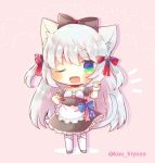  1girl ;d american_flag american_flag_print animal_ear_fluff animal_ears apron azur_lane black_bow black_dress black_sleeves blue_eyes blush bow cat_ears cat_girl cat_hair_ornament cat_tail chibi choker collarbone detached_sleeves dress flag_print frilled_apron frills full_body green_eyes grey_footwear hair_bow hair_ornament hammann_(azur_lane) hand_up kouu_hiyoyo long_hair multicolored multicolored_eyes one_eye_closed open_mouth pink_background puffy_short_sleeves puffy_sleeves red_bow red_choker short_sleeves silver_hair smile solo standing strapless strapless_dress tail thigh-highs twitter_username two_side_up very_long_hair waist_apron white_apron white_legwear wrist_cuffs 