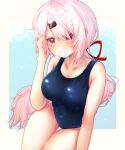  1girl ass_visible_through_thighs blue_background blue_swimsuit blush breasts commentary cowboy_shot futsure hair_between_eyes hair_ornament hair_over_one_eye hair_ribbon hairclip highres large_breasts long_hair long_ponytail looking_at_viewer low_ponytail navel nijisanji pink_hair red_eyes red_ribbon ribbon school_swimsuit shiina_yuika sitting solo swimsuit thigh_gap thighs very_long_hair virtual_youtuber 
