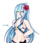  1girl aqua_(fire_emblem_if) aqua_hair azura_(fire_emblem) bikini blue_bikini braid breasts cute deviantart deviantart_username fire_emblem_fates fire_emblem_heroes fire_emblem_if flower flower_hair_ornament hair_ornament intelligent_systems long_hair looking_at_viewer navel nintendo parted_lips ponytail ribbon sexy simple_background smile solo sonicheroxd summer swimsuit white_background yellow_eyes 