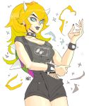  1girl 2018 blonde_hair blue_eyes bowsette bracelet breasts bullet_bill casual collar crown earrings eyeliner fang felipe_magana fingernails fishnets front-tie_top grey_lipstick highres horns jewelry makeup super_mario_bros. medium_breasts new_super_mario_bros._u_deluxe no_tail ponytail punk sharp_fingernails shirt shorts solo spiked_bracelet spiked_collar spiked_shell spikes standing suspender_shorts suspenders t-shirt thick_eyebrows turtle_shell 