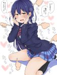  1girl bangs blue_hair blush bow bowtie commentary_request embarrassed hair_between_eyes hands_on_own_cheeks hands_on_own_face heart highres ind-kary long_hair looking_at_viewer love_live! love_live!_school_idol_project open_mouth otonokizaka_school_uniform poking raised_eyebrows red_neckwear school_uniform simple_background sitting solo sonoda_umi striped striped_neckwear translation_request wariza wavy_mouth white_background yellow_eyes 