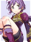  1girl bernadetta_von_varley bike_shorts blue_background closed_mouth dress earrings fire_emblem fire_emblem:_three_houses grey_eyes jewelry long_sleeves purple_hair short_hair simple_background solo tori55nigen 