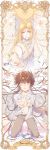  2boys absurdres barefoot blonde_hair blood blood_from_mouth breaking brown_eyes brown_hair chain chest crayon crying drawing english_text flower full_body glass highres kneeling konzen_douji long_hair looking_at_viewer male_focus max_(744275974) multiple_boys open_clothes open_shirt parted_lips petals saiyuki shirt sidelocks son_goku_(saiyuki) spilling tarot tears teeth very_long_hair water white_shirt 