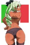  1girl anchovy aono3 ass back bangs bent_over black_bra black_legwear black_panties black_ribbon bra closed_mouth commentary cowboy_shot drill_hair eyebrows_visible_through_hair girls_und_panzer green_hair hair_ribbon highres italian_flag long_hair looking_at_viewer looking_back panties red_eyes ribbon shoulder_blades skindentation smile solo standing sunburn tan thigh-highs twin_drills twintails underwear underwear_only white_background 