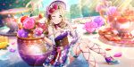  1girl ;p artist_request blonde_hair blue_footwear blush bonnet bow cookie corset cup detached_sleeves flower food food_on_face frilled_sleeves frills garden hair_flower hair_ornament hand_on_own_face hat high_heels highres holding holding_flower icing long_hair looking_at_viewer love_live! love_live!_school_idol_festival_all_stars love_live!_sunshine!! minigirl official_art ohara_mari one_eye_closed pink_flower pink_rose purple_headwear rose sitting smile solo stopwatch sugar_bowl teacup tongue tongue_out underbust watch yellow_eyes 