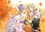  4girls arm_up autumn_leaves ayanami_(azur_lane) azur_lane backpack bag black_legwear black_shirt blonde_hair blue_skirt closed_eyes collarbone eyebrows_visible_through_hair green_eyes hair_between_eyes hair_ribbon hairband headgear holding_mushroom hood hoodie javelin_(azur_lane) kayura_yuka laffey_(azur_lane) long_hair long_sleeves looking_at_viewer multiple_girls mushroom one_eye_closed open_mouth outdoors plaid plaid_skirt ponytail purple_hair red_eyes ribbon sailor_collar shirt short_hair shoulder_bag skirt sweater thigh-highs twintails white_skirt yellow_shirt z23_(azur_lane) zettai_ryouiki 