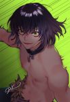  1boy artist_name black_hair broken broken_chain chain collar fur gradient_hair green_background green_eyes hashibira_inosuke kimetsu_no_yaiba looking_at_viewer male_focus multicolored_hair muscle open_mouth shirtless short_hair solo ssaknanda 