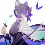  1girl black_hair bug butterfly butterfly_hair_ornament butterfly_on_finger chi_ya hair_ornament haori highres holding holding_weapon insect japanese_clothes kimetsu_no_yaiba kochou_shinobu looking_at_viewer sidelocks smile solo sword uniform violet_eyes weapon white_background 