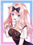  1girl :3 animal_ears black_bow blue_eyes bow breasts cat_ears character_name collarbone commentary_request fang fujiwara_chika gloves hair_bow highres kaguya-sama_wa_kokurasetai_~tensai-tachi_no_renai_zunousen~ kemonomimi_mode large_breasts leaning_forward long_hair looking_at_viewer open_mouth paw_gloves paws pink_hair red_bow shirt short_sleeves smile solo ueng upper_body white_shirt 