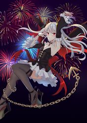  1girl anchor azur_lane bat_wings belt black_dress chain detached_sleeves doku-doku dress fang fang_out fireworks headgear highres multicolored multicolored_clothes multicolored_dress multiple_belts platform_footwear red_eyes red_nails red_ribbon ribbon rudder_footwear silver_hair solo strapless strapless_dress thigh-highs two_side_up underbust vampire_(azur_lane) vampire_(princess_of_the_night)_(azur_lane) wings 