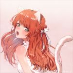  1girl animal_ears bangs bare_shoulders braid breasts cat_ears cat_girl cat_tail eyelashes french_braid frills from_behind green_eyes harry_potter kurosujuu lily_evans long_hair looking_at_viewer looking_back open_mouth orange_hair pink_background ribbon sleeveless solo tail upper_body white_ribbon 