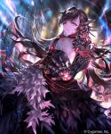  1girl android armor bangs black_hair blurry blurry_background breasts charging commentary_request corset dress floating_hair frilled_dress frills gears gem glowing grey_eyes highres irua long_hair looking_at_viewer mechanical_arms mono_garnet_rebel motion_blur multicolored multicolored_eyes official_art parted_lips robot_joints shadowverse slit_pupils smile solo watermark wind 