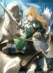  1girl blonde_hair boots braid breastplate clouds feathers fire_emblem fire_emblem:_three_houses fire_emblem_cipher gloves green_eyes ingrid_brandol_galatea long_hair official_art open_mouth pegasus pegasus_knight polearm single_braid sitting sky solo spear thigh-highs weapon 