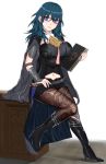  1girl armor bad_proportions black_cape blue_eyes blue_hair book breasts byleth_(fire_emblem) byleth_eisner_(female) cape closed_mouth dagger fire_emblem fire_emblem:_three_houses full_body glasses high_heels highres holding holding_book large_breasts medium_hair navel pantyhose sheath sheathed sitting solo sssemiii weapon 