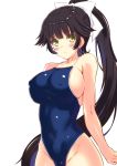 1girl azur_lane black_hair blue_swimsuit bow breasts collarbone competition_school_swimsuit competition_swimsuit covered_nipples cowboy_shot groin hair_bow hair_flaps highleg highleg_swimsuit kuro_neko_(38-21) large_breasts long_hair looking_at_viewer one-piece_swimsuit ponytail school_swimsuit simple_background solo standing swimsuit takao_(azur_lane) white_background white_bow