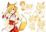  1boy :3 adapted_costume animal_ear_fluff animal_ears apron arm_up bow character_request clenched_hand clenched_teeth commentary cowboy_shot embarrassed flower fox_boy fox_ears fox_tail genderswap genderswap_(ftm) grey_apron hakama hand_on_own_thigh heart japanese_clothes looking_back mars_symbol miko multiple_views nekkuru red_bow red_flower red_hakama red_ribbon ribbon ribbon-trimmed_sleeves ribbon_trim senko_(sewayaki_kitsune_no_senko-san) sewayaki_kitsune_no_senko-san sketch slit_pupils sparkle sweatdrop tail tail_raised teeth 