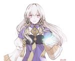  1girl closed_mouth commentary dress fire_emblem fire_emblem:_three_houses hair_ornament korean_commentary long_hair long_sleeves lysithea_von_ordelia pink_eyes simple_background sn48it solo twitter_username upper_body white_background white_hair 