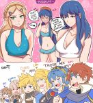 &gt;_&lt; 3girls 6+boys angel armor bikini bikini_skirt bikini_top blonde_hair blue_hair blush breasts brown_hair caeda_(fire_emblem) cloud_strife corrin_(fire_emblem) crying dragon_boy elf english_commentary english_text final_fantasy final_fantasy_vii fire_emblem fire_emblem:_fuuin_no_tsurugi fire_emblem:_kakusei fire_emblem:_mystery_of_the_emblem fire_emblem:_new_mystery_of_the_emblem fire_emblem:_shin_ankoku_ryuu_to_hikari_no_tsurugi fire_emblem:_shin_monshou_no_nazo fire_emblem:_the_blazing_blade fire_emblem_awakening fire_emblem_fates fire_emblem_heroes fire_emblem_if fire_emblem_shadow_dragon fire_emblem_sword_of_seals hetero human hylian intelligent_systems karbuitt lilina lilina_(fire_emblem) link male_my_unit_(fire_emblem:_kakusei) male_my_unit_(fire_emblem_if) marth marth_(fire_emblem) medium_breasts multiple_boys multiple_girls my_unit_(fire_emblem:_kakusei) my_unit_(fire_emblem_if) nintendo nintendo_ead nosebleed open_mouth palutena_no_kagami pit_(kid_icarus) princess_zelda redhead reflet robin_(fire_emblem) robin_(fire_emblem)_(male) roy_(fire_emblem) sheeda smile sora_(company) speech_bubble square_enix super_smash_bros. swimsuit tears the_legend_of_zelda the_legend_of_zelda:_breath_of_the_wild white_hair |_|