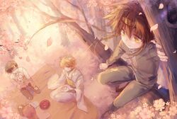  4boys ahoge blonde_hair brown_hair cherry_blossoms cho_hakkai closed_eyes cup expressionless full_body genjou_sanzou glasses highres in_tree long_hair male_focus max_(744275974) multiple_boys petals redhead saiyuki sakazuki seiza sha_gojou sitting sitting_in_tree son_goku_(saiyuki) tree yellow_eyes 