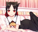  1girl animal_ears arched_back bangs black_dress black_hair black_legwear blonde_hair blue_eyes blush bow cat_ears character_doll couch curtains dress eyelashes frilled_pillow frills hair_bow kaguya-sama_wa_kokurasetai_~tensai-tachi_no_renai_zunousen~ legs_up long_hair looking_at_viewer lying on_stomach pantyhose parted_bangs pillow pink_curtains red_bow red_eyes red_ribbon ribbon sailor_collar school_uniform shinomiya_kaguya shirogane_miyuki smile star star_print tied_hair white_sailor_collar zerg309 