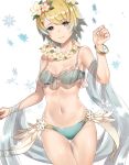  1girl bikini blonde_hair blue_bikini blue_eyes blue_hair blush bracelet breasts breasts_apart collarbone commentary_request crown cute earrings eyebrows_visible_through_hair fire_emblem fire_emblem_heroes fjorm_(fire_emblem) flower flower_necklace gradient_hair hair_flower hair_ornament haru_(nakajou-28) intelligent_systems jewelry looking_at_viewer multicolored_hair navel necklace nintendo parted_lips shawl short_hair simple_background small_breasts snowflake_background solo summer super_smash_bros. swimsuit thigh_gap two-tone_hair 