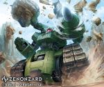  blue_sky boulder clenched_hand company_name copyright_name day drill dust ishida_baru mecha no_humans official_art robot simple_background sky solo watermark weapon zenonzard 