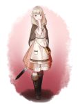  1girl apron bag blonde_hair blush boots bow braid brown_eyes cape faye_(fire_emblem) fire_emblem fire_emblem_echoes:_shadows_of_valentia full_body highres long_hair pocklepockle25 solo sword twin_braids weapon white_background 
