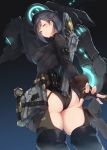  1girl absurdres aqua_eyes ass black_hair breasts commentary_request earrings final_fantasy final_fantasy_xiv fingerless_gloves firearm gloves gun hat highres hyur jewelry large_breasts looking_at_viewer machinist_(final_fantasy) nanahara_fuyuki red_eyes robot short_hair thigh-highs twitter_username weapon wrench 