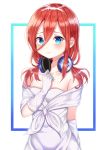  1girl 3: absurdres bare_shoulders blue_eyes closed_mouth collarbone commentary_request dani_(daniel) dress frame frown gloves go-toubun_no_hanayome hair_between_eyes hand_on_own_chest hand_up headband headphones headphones_around_neck highres long_hair looking_at_viewer nakano_miku redhead sidelocks solo strapless strapless_dress upper_body wedding_dress white_background white_dress white_gloves 