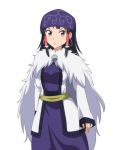  1girl ainu_clothes alternate_costume alternate_eye_color arms_at_sides asirpa asirpa_(cosplay) black_hair blue_dress brooch cape cato_(monocatienus) coat commentary_request cosplay cowboy_shot dress earrings fur_cape golden_kamuy hair_tubes hakurei_reimu head_scarf hoop_earrings jewelry long_hair long_sleeves looking_at_viewer open_clothes open_coat open_mouth sash sidelocks simple_background sleeves_past_wrists solo standing touhou traditional_clothes tsurime violet_eyes white_background white_coat 