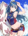  1girl armband armpits bikini bikini_shorts blue_bikini blue_eyes blue_hair blue_sky blush bra breasts clouds cloudy_sky commentary_request day fire_emblem fire_emblem_awakening fire_emblem_cipher haru_(nakajou-28) highres innertube long_hair looking_at_viewer lucina lucina_(fire_emblem) midriff navel red_bikini shorts sky small_breasts smile solo standing surfboard swimsuit tiara two-tone_bikini underwear water 