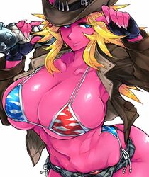  bikini blonde_hair blue_eyes gloves hat horns_through_headwear jacket oni original pink_skin skj smile swimsuit 