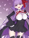  1girl bangs bb_(fate)_(all) bb_(fate/extra_ccc) black_legwear blush breasts commentary_request elfenlied22 eyebrows_visible_through_hair fate/grand_order fate_(series) gloves hair_ribbon highres large_breasts long_hair long_sleeves looking_at_viewer open_mouth purple_hair red_ribbon ribbon smile solo thigh-highs very_long_hair violet_eyes white_gloves 