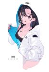  1girl :q barcode black_eyes black_hair character_request collarbone copyright_request ear_piercing hand_in_pocket highres hood hoodie jacket nail_polish open_clothes open_jacket piercing short_hair simple_background solo tongue tongue_out white_background white_jacket yoo_(tabi_no_shiori) 
