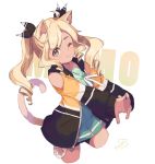  1girl ahoge animal_ears blonde_hair cat_ears cat_tail cropped_legs dark_skin dress eyebrows_visible_through_hair green_dress green_eyes highres jacket one_eye_closed open_clothes open_jacket original peachy_michi shorts simple_background solo stretch tail twintails 