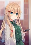  asanagi_kurumi_(panda-doufu) blonde_hair blurry blush bow cellphone depth_of_field dress eyebrows_visible_through_hair green_dress green_eyes hair_bow hairclip_removed highres holding holding_cellphone holding_phone irina_(asanagi_kurumi_(panda-doufu)) long_hair original phone sweater upper_body 