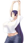  1girl absurdres alternate_costume arms_up bangs breasts casual closed_eyes curvy denim fate/grand_order fate_(series) highres jeans large_breasts long_hair low-tied_long_hair manno_(kanpi2100) midriff minamoto_no_raikou_(fate/grand_order) pants parted_bangs purple_hair see-through shirt short_sleeves smile stretch t-shirt very_long_hair white_shirt 