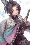  1girl bangs black_hair black_jacket black_pants breasts butterfly_hair_ornament closed_mouth commentary_request dated forehead gradient_hair hair_ornament highres holding holding_sheath holding_sword holding_weapon jacket katana kimetsu_no_yaiba kochou_shinobu long_sleeves medium_breasts multicolored_hair open_clothes pants parted_bangs purple_hair sheath signature simple_background sketch smile solo suzuno_(bookshelf) sword unsheathing violet_eyes weapon white_background wide_sleeves 