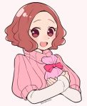  1girl :d atlus bow brown_eyes brown_hair cute do_m_kaeru gift_bag long_sleeves looking_at_viewer megami_tensei moe okumura_haru open_mouth persona persona_5 pink_background pink_bow pink_sweater ribbed_sweater short_hair short_over_long_sleeves short_sleeves simple_background smile solo sweater turtleneck turtleneck_sweater twitter_username upper_body 