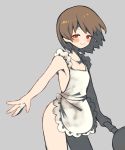  1other androgynous apron brown_hair chara_(undertale) closed_mouth commentary_request looking_at_viewer naked_apron oshiruko_(tsume) red_eyes simple_background smile solo undertale 