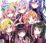  6+girls ahoge akatsuki_kirika black_hair blonde_hair blue_hair double_v dsmile hair_ornament hairclip kazanari_tsubasa kohinata_miku lavender_hair light_brown_hair lydian_academy_uniform maria_cadenzavna_eve multiple_girls necktie pink_hair school_uniform senki_zesshou_symphogear side_ponytail smile tachibana_hibiki_(symphogear) tsukuyomi_shirabe twintails v v_over_eye white_background yukine_chris 