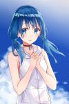  1girl akaya_(pixiv20545353) amano_hina_(tenki_no_ko) bangs bare_arms bare_shoulders black_choker blue_eyes blue_hair blue_sky blush choker clouds collarbone commentary_request day eyebrows_visible_through_hair hands_clasped hands_together highres hood hood_down hooded_jacket jacket long_hair looking_at_viewer outdoors own_hands_together parted_lips sky sleeveless sleeveless_jacket smile solo tenki_no_ko twintails upper_body white_jacket 