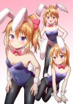  1girl :&lt; animal_ears arm_support bangs bare_shoulders black_legwear blue_leotard blush bow bowtie breasts brown_hair bunny_girl bunny_tail bunnysuit closed_mouth collarbone commentary_request covered_navel eyebrows_visible_through_hair gradient gradient_background groin hair_between_eyes hair_bow hairband high_ponytail idolmaster idolmaster_cinderella_girls leotard long_hair mebachi_maguro_(trok_mebachi) multiple_views open_mouth pantyhose parted_lips pink_background pink_bow pink_neckwear ponytail rabbit_ears small_breasts smile strapless strapless_leotard tail triangle_mouth violet_eyes white_background white_hairband wrist_cuffs yuuki_haru 