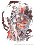  1girl bare_shoulders barefoot blood bloody_clothes book bookmark breasts flower full_body grey_eyes hood hood_up ji_no looking_at_viewer medium_breasts official_art pelvic_curtain plantar_flexion rose serious shoulder_cutout silver_trim sinoalice smoke snow_white_(sinoalice) solo square_enix thigh_strap white_background white_hair wide_sleeves 