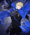 1boy absurdres blonde_hair blue_eyes cape dimitri_alexandre_blaiddyd fire_emblem fire_emblem:_three_houses garreg_mach_monastery_uniform gloves highres huge_filesize lion male_focus polearm pullssack solo spear teeth upper_body weapon