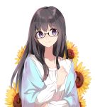  1girl aa_(sin2324) bangs black-framed_eyewear black_hair closed_mouth collarbone commentary_request eyebrows_visible_through_hair floral_background glasses hair_between_eyes hand_up himawari-san himawari-san_(character) long_hair long_sleeves looking_at_viewer shirt simple_background smile solo upper_body violet_eyes white_background white_shirt 
